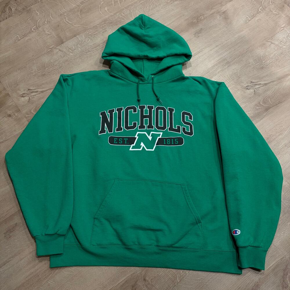 Champion Nichols College Bison Hoodie Men's XL Sweatshirt Green Pullover Campus